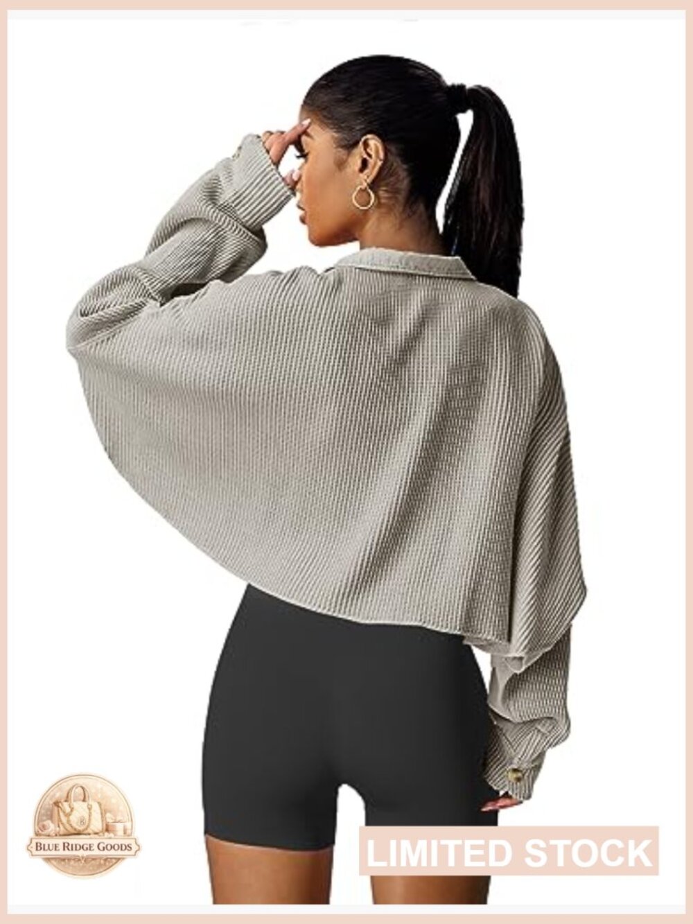 Cropped Waffle Knit Shacket Short Button Down Jacket Batwing Sleeve Pocket - Picture 5 of 6